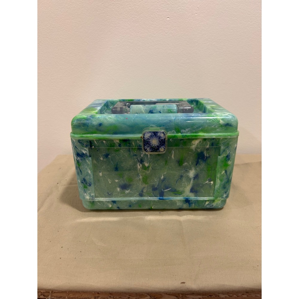 Vintage Green Blue Marbled Acrylic Makeup Train Case Vanity Box with Mirror Tray